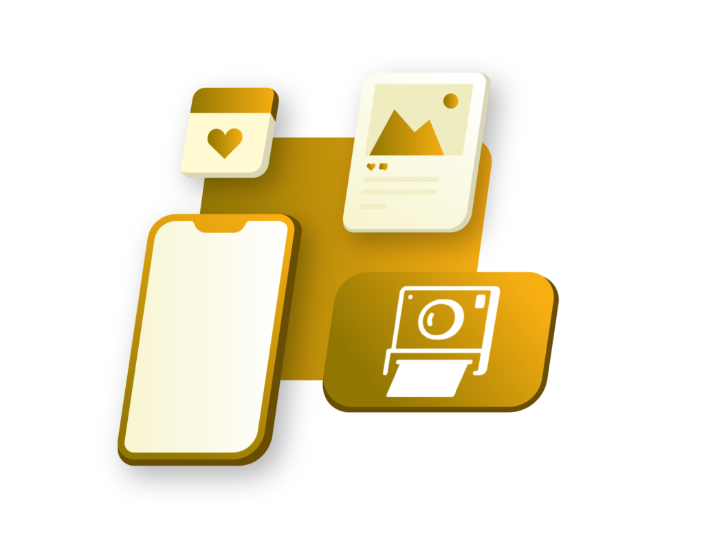 Ein gelbes Symbol mit einem Telefon, einer Kamera und anderen Elementen.