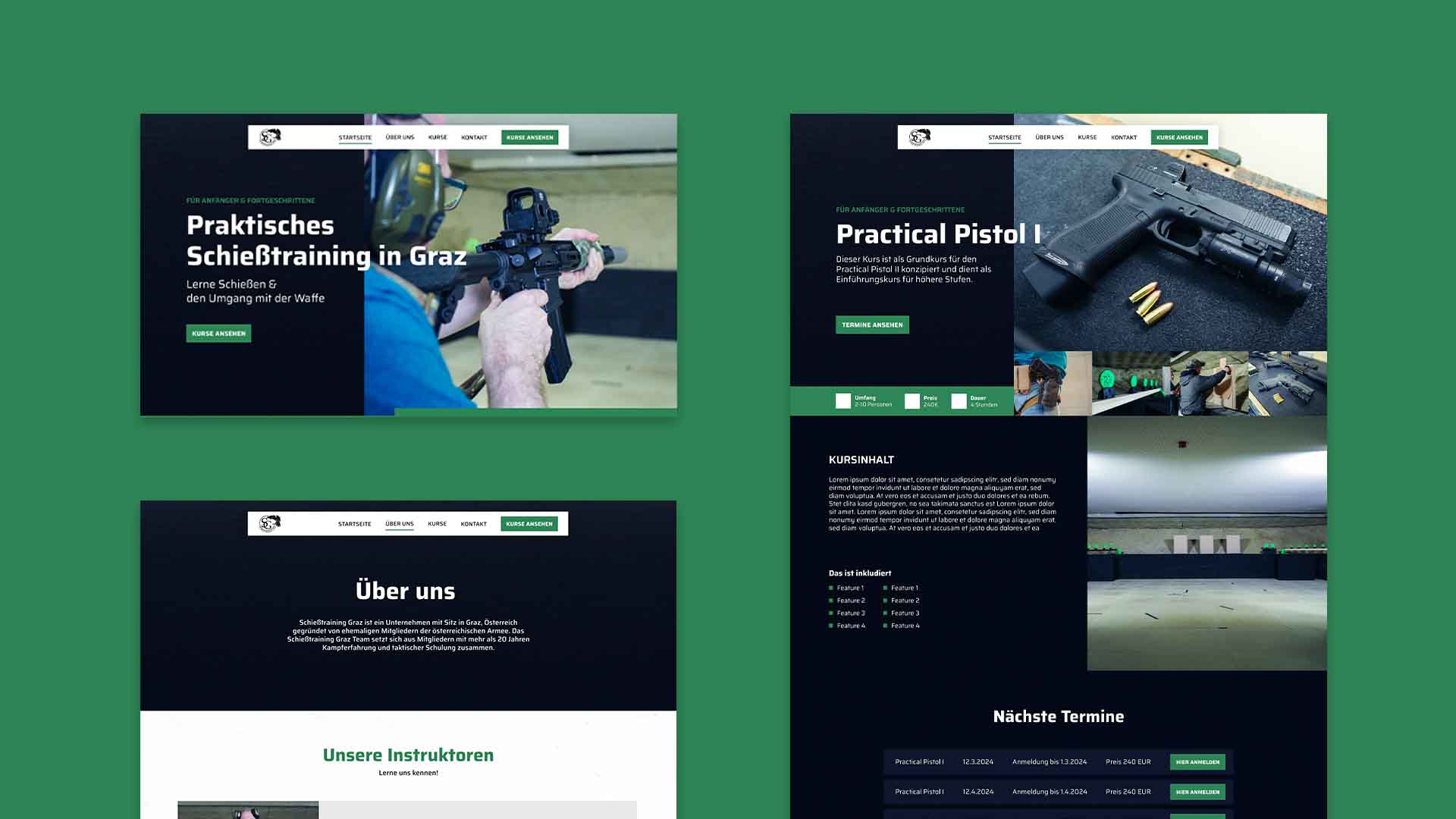 Screenshot einer dreisprachigen Website für praktisches Schießtraining. Die Website zeigt Bilder einer Person, die mit einer Waffe zielt, Patronenhülsen, einen Indoor-Schießstand sowie Details zu Ausbildern und Kursen.