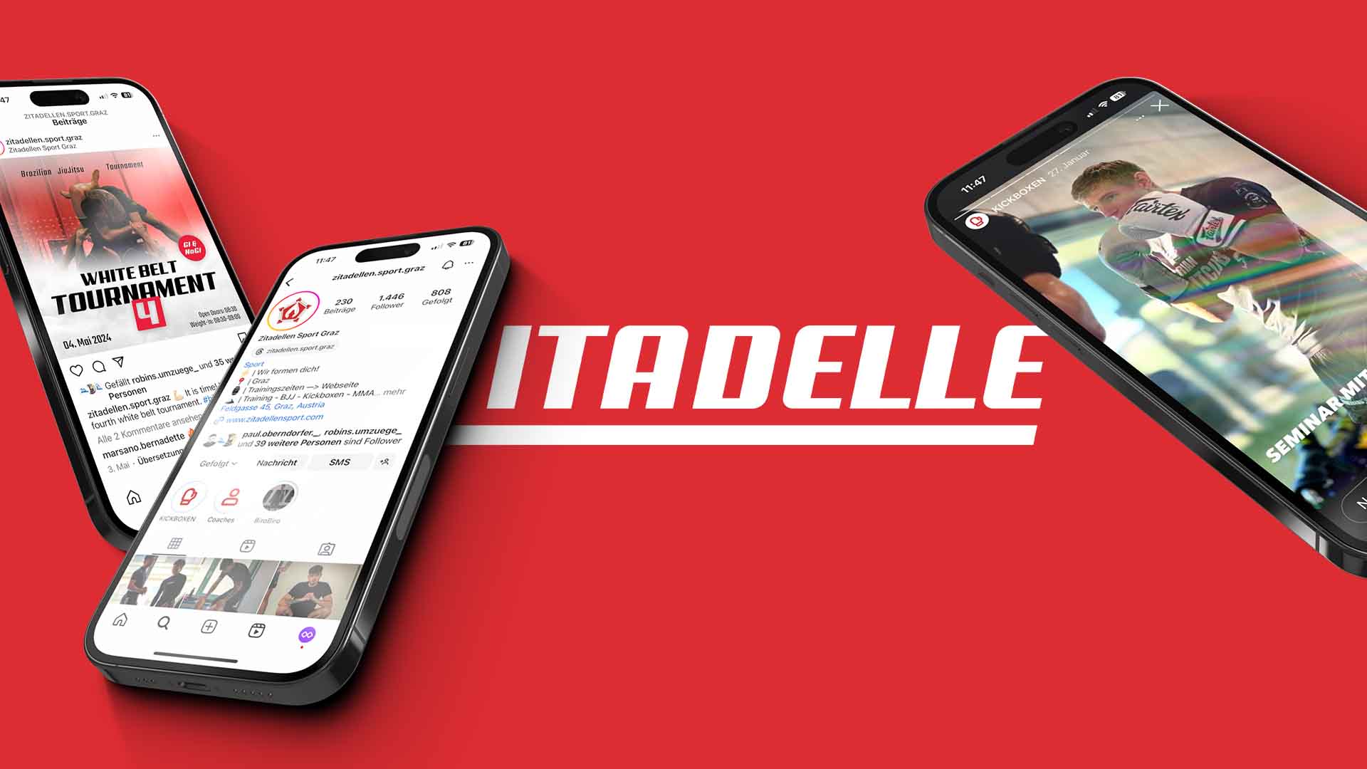 Auf drei Smartphones werden Kampfsport-Inhalte auf Instagram vor rotem Hintergrund und dem Text „CITADELLE“ in der Mitte angezeigt.