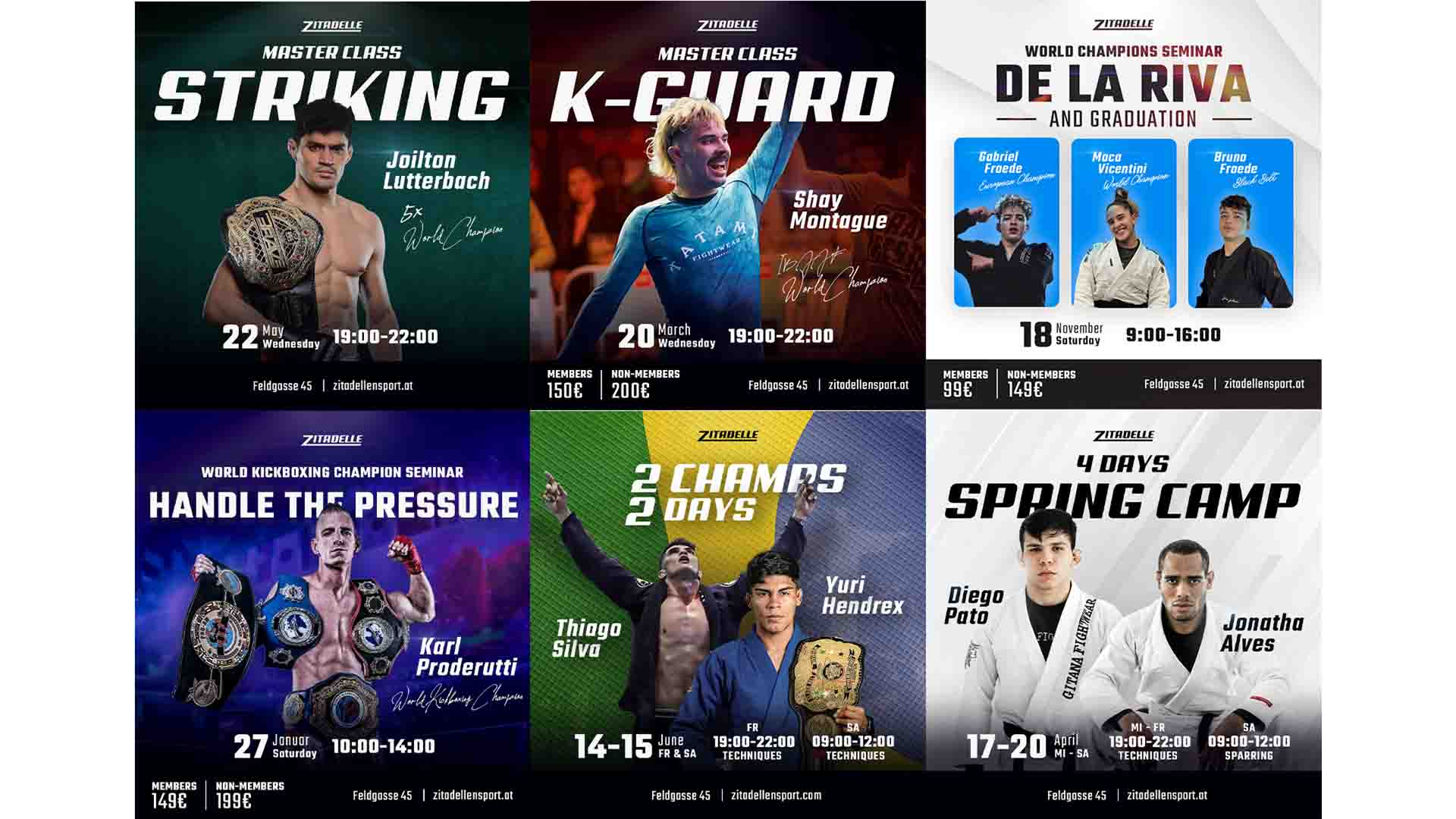 Ein Werbeplakat für verschiedene Kampfsportveranstaltungen, darunter Schlagen, K-Guard, De La Riva-Techniken, World Kicking Seminar und Spring Camp. Genaue Daten, Zeiten und Trainer sind aufgeführt.