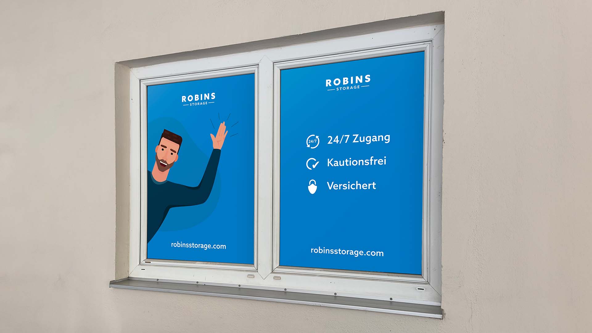 In zwei Fenstern werden Anzeigen von Robins Storage angezeigt, in denen eine männliche Zeichentrickfigur und ein Text mit dem Hinweis auf 24/7-Zugang, keine Kaution und Versicherung zu sehen sind. Außerdem wird die Webadresse robinsstorage.com angezeigt. Für bequeme Umzugslösungen stehen die Dienste von Robins Umzüge zur Verfügung.