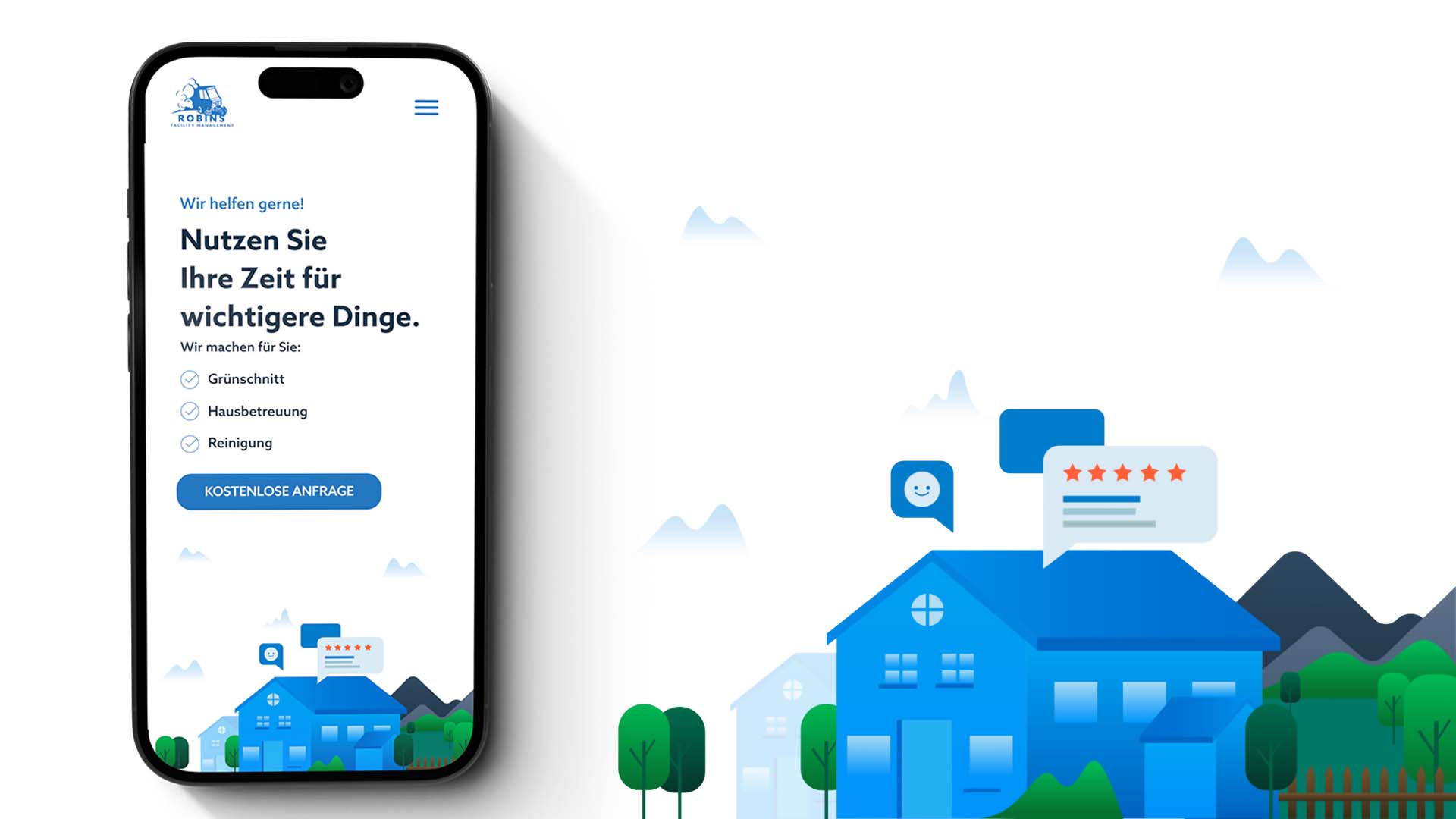 Ein Smartphone mit einer Haushaltsservice-App steht neben einem illustrierten blauen Haus, über dem sich Icons mit positiven Kundenbewertungen befinden. Deutscher Text auf dem Telefon wirbt für die Haushaltsreinigungs- und Wartungsdienste von Robins Umzüge.