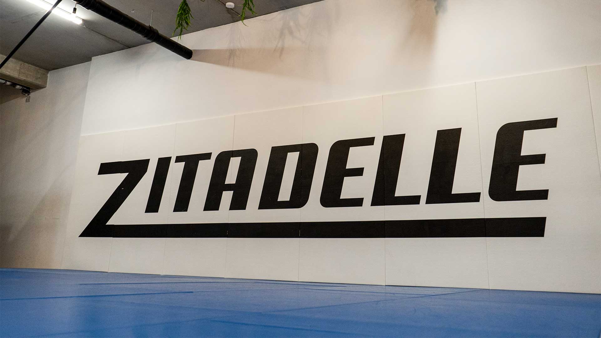 Großes Wandschild in einem Fitnessstudio oder Trainingszentrum mit der Aufschrift „ZITADELLE“ auf weißem Hintergrund und blauem Mattenboden.