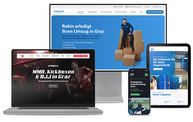 Auf vier Geräten werden unterschiedliche Websites präsentiert: ein Laptop mit einer Seite zum Thema Kampfsport, ein Desktop mit einer fachmännisch gestalteten Website für Umzugsdienste, ein Tablet mit einer eleganten Seite für Lagerungsdienste und ein Telefon mit einer innovativen Seite für Umzugsdienste – allesamt Beispiele für exquisites Webdesign.