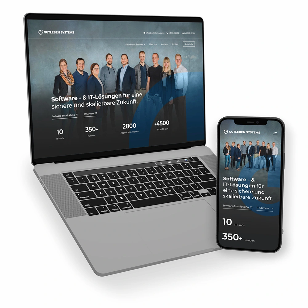 Auf einem Laptop und einem Smartphone wird eine Website mit einer Gruppe von Personen, Statistiken und einem deutschen Text zu den Themen Software, IT-Lösungen und innovatives Webdesign angezeigt.